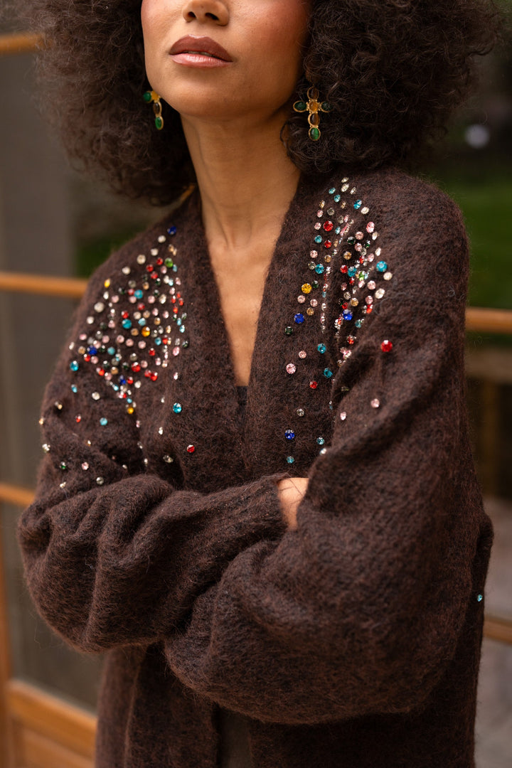 Gilet long en maille à strass Lindsy Taille unique / Choco