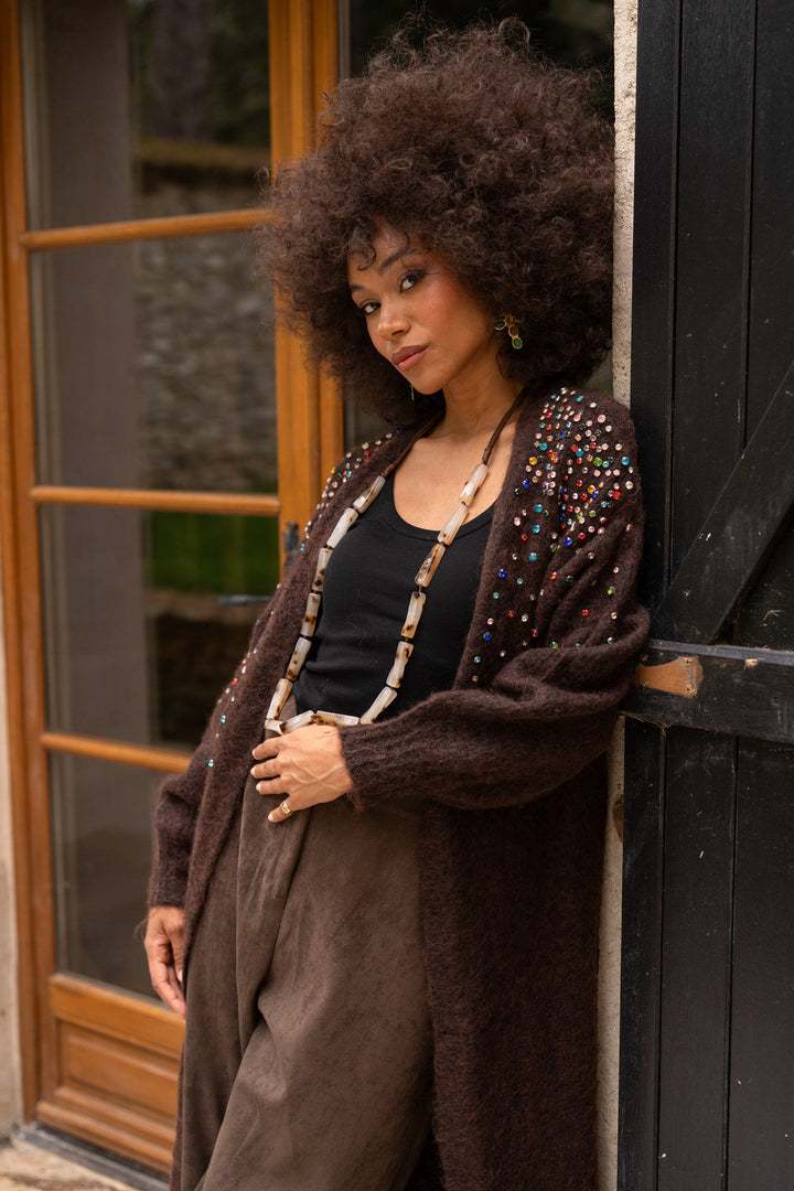 Gilet long en maille à strass Lindsy Taille unique / Choco