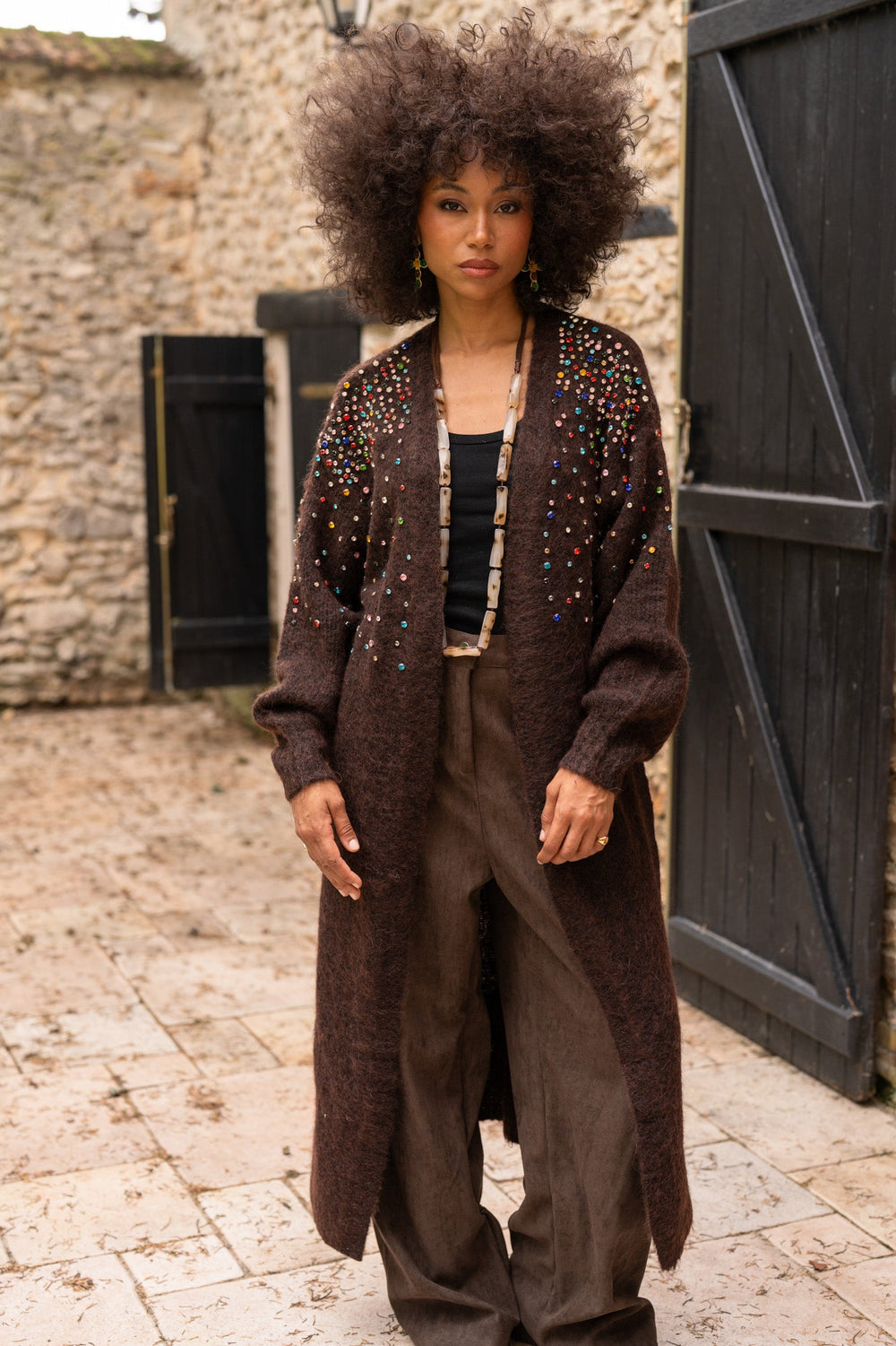 Gilet long en maille à strass Lindsy Taille unique / Choco