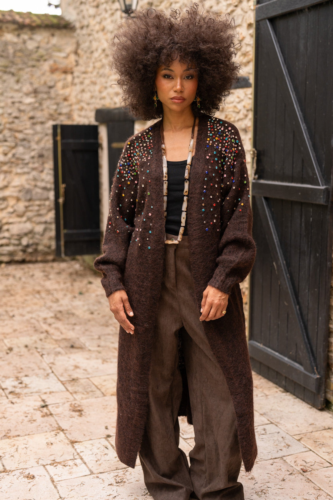 Gilet long en maille à strass Lindsy Taille unique / Choco