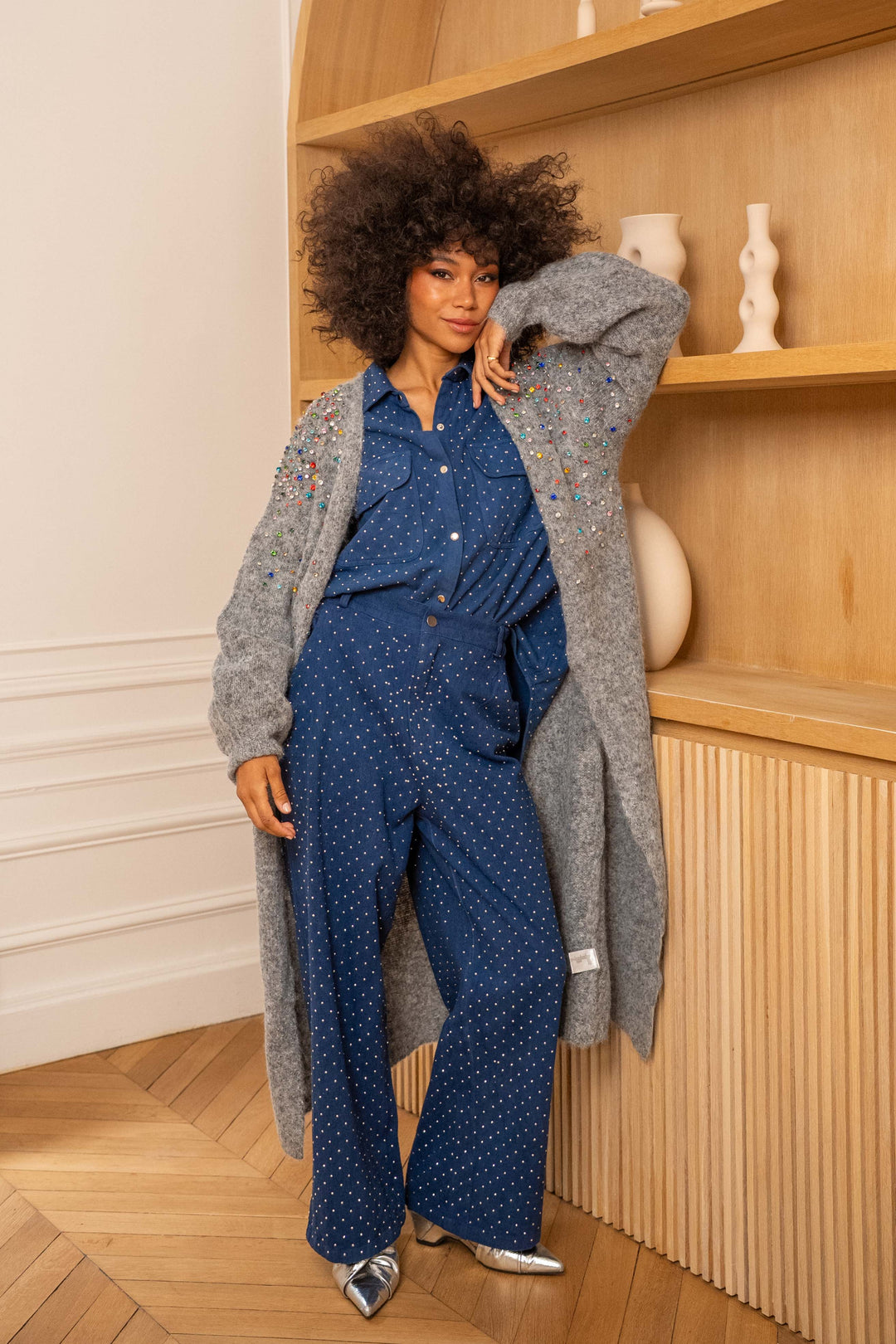 Gilet long en maille à strass Lindsy Taille unique / Gris