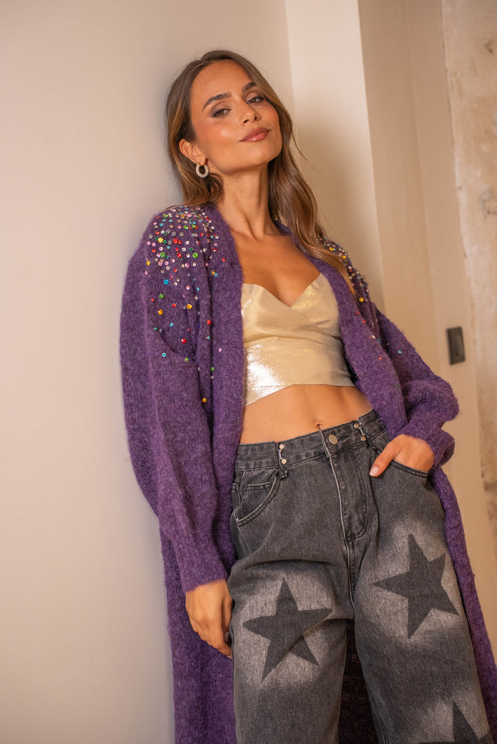 Gilet long en maille à strass Lindsy Taille unique / Violet