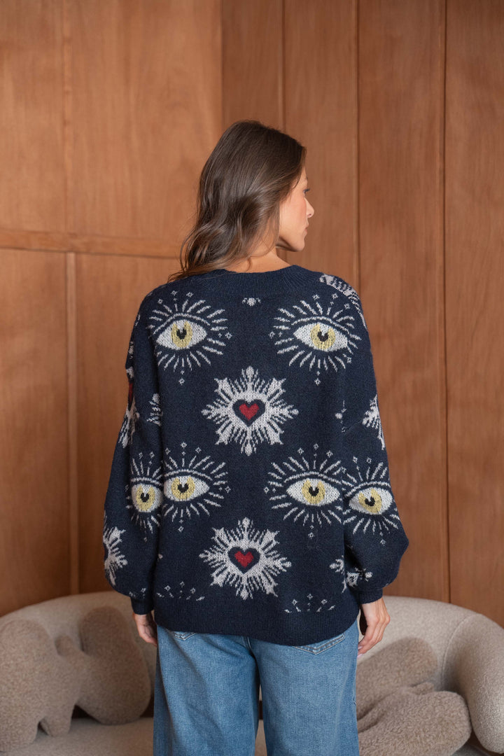 Gilet oversize à Brodé yeux et cœurs Gabrielle 2642 - Navy
