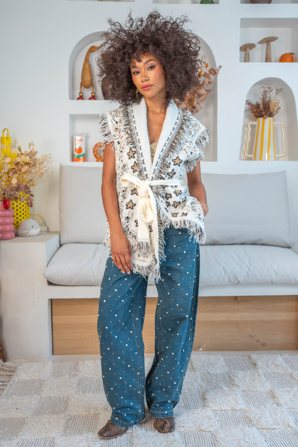 Gilet sans manches à franges Palace - Taille unique / Ecru