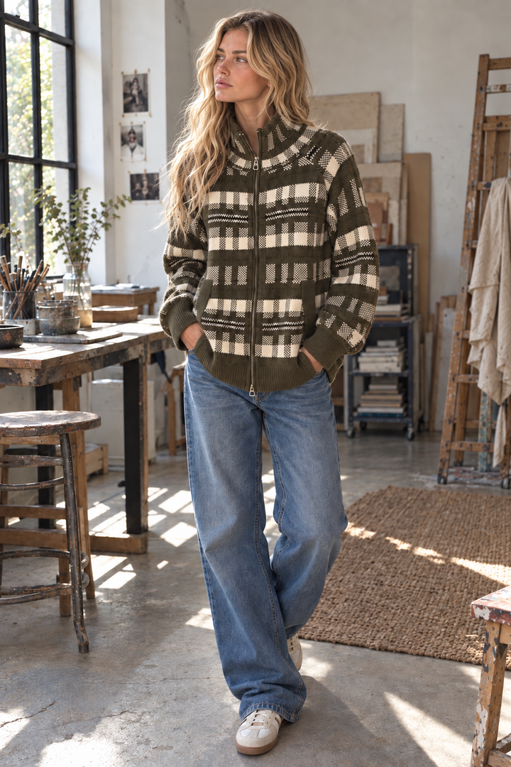 Gilet Zippé à carreaux Sabrina - Taille Unique: Du 36 au 44