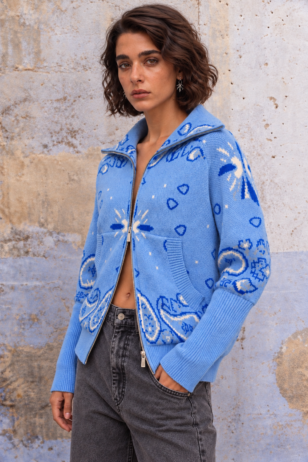 Gilet zippé Beky à motif bandana 26001 - Bleu ciel / Taille