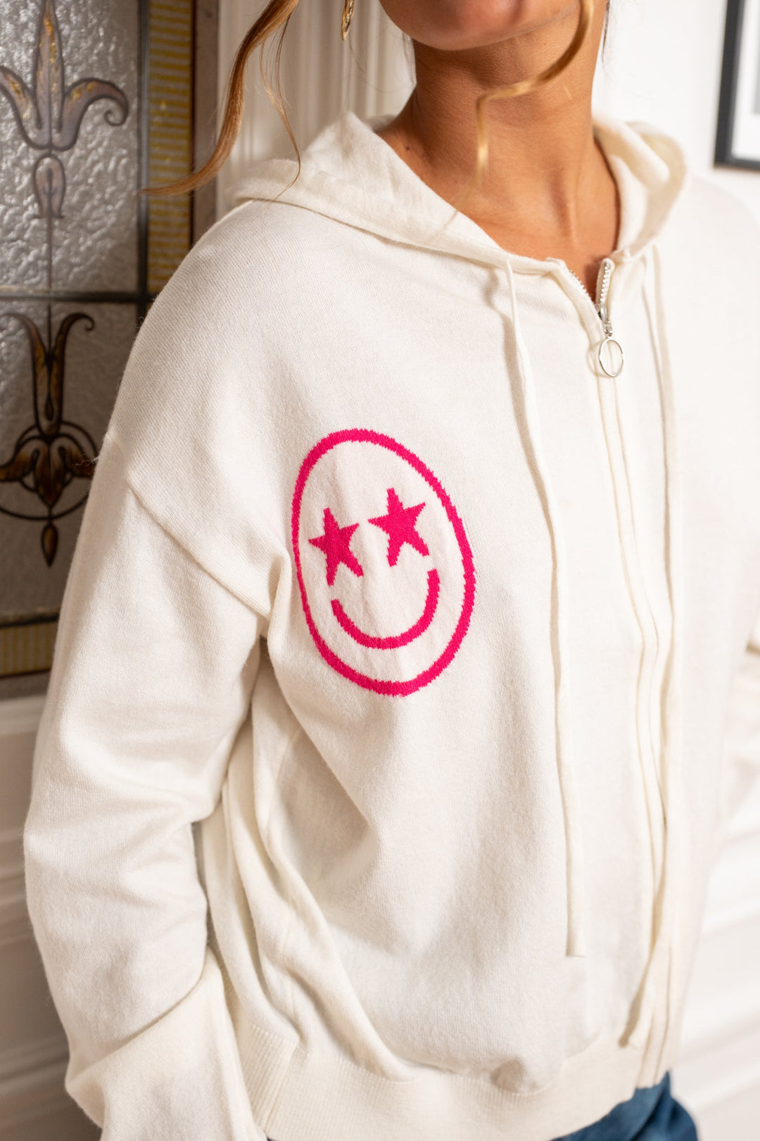 Gilet zippé smileys Jing Taille unique / Ecru gilets