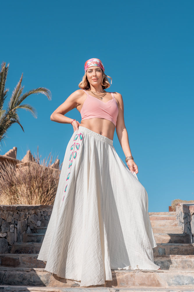 Jupe longue fluide brodée Muguet - Taille unique: 36 au 42