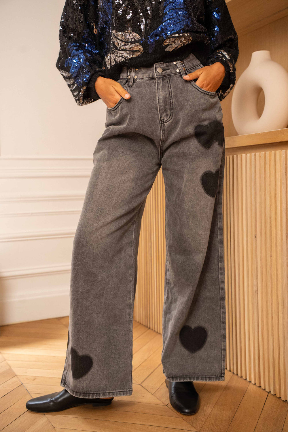 Pantalon en jean motifs cœurs Ella - Pantalons