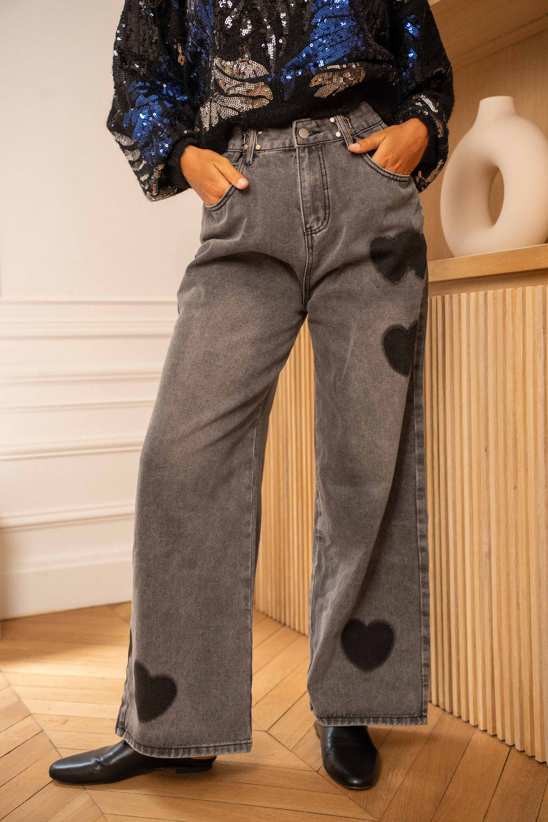 Pantalon en jean motifs cœurs Ella - Pantalons
