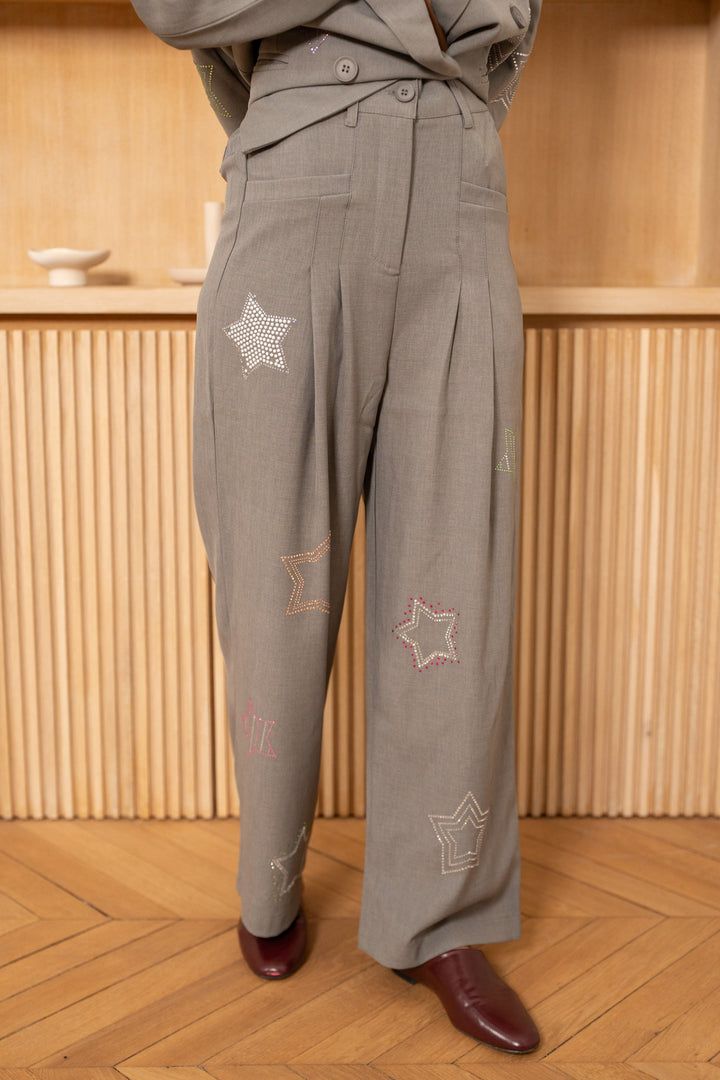 Pantalon fluide taille haute à étoiles strass Dennis