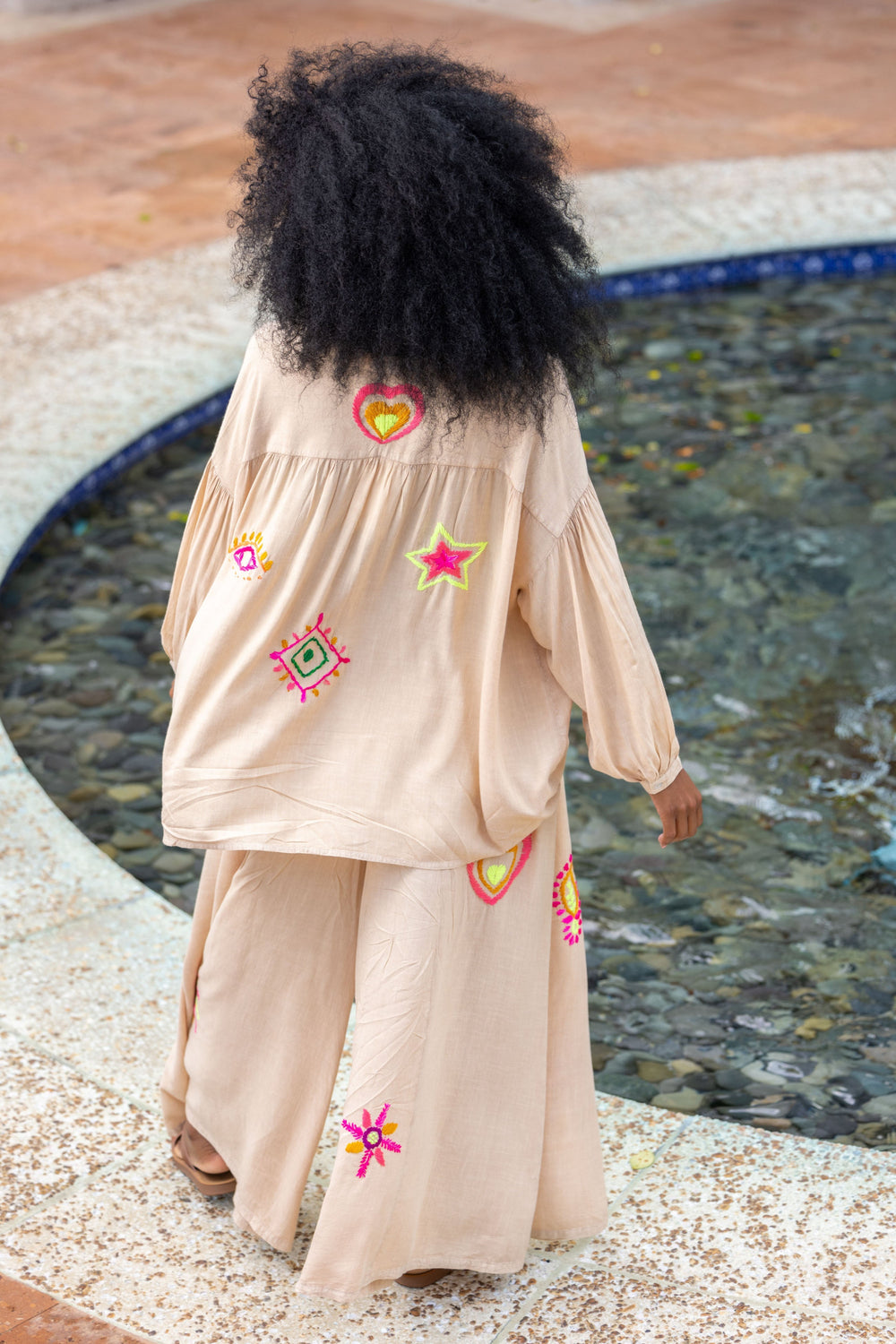 Pantalon Large Brodé Sojy - Taille unique 36-42 / Beige