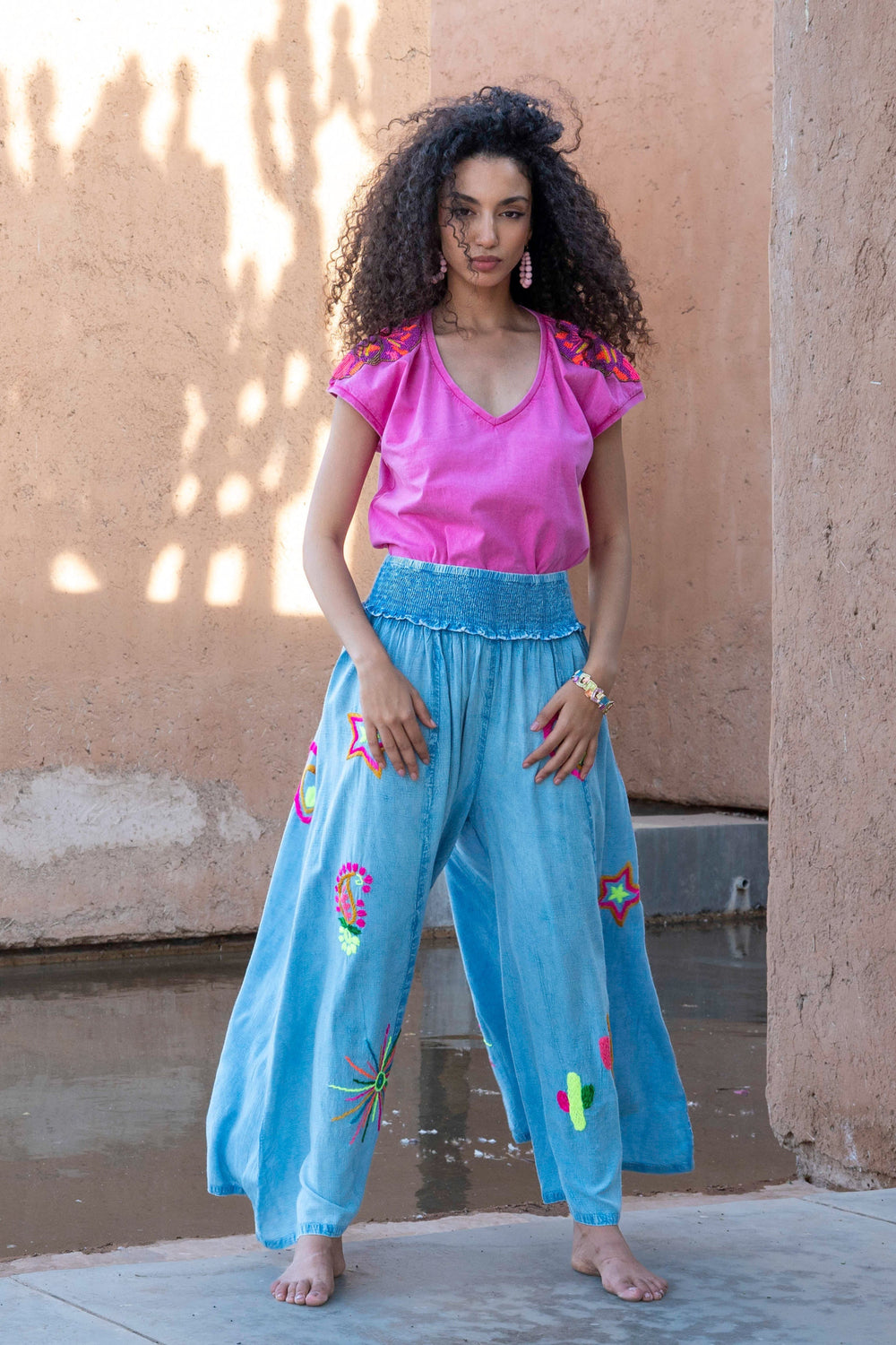 Pantalon Large Brodé Sojy - Taille unique 36-42 / Bleu