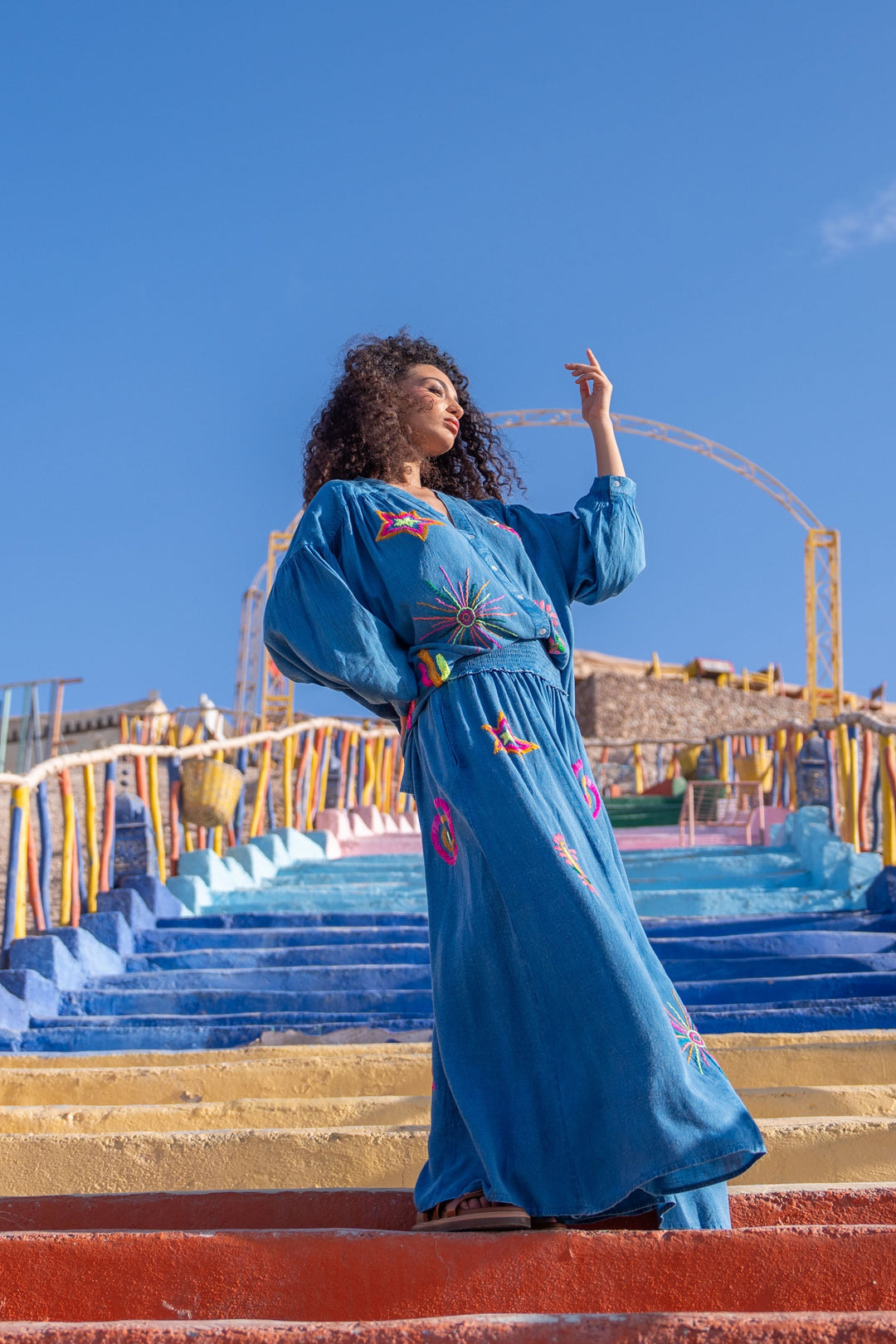 Pantalon Large Brodé Sojy - Taille unique 36-42 / Bleu