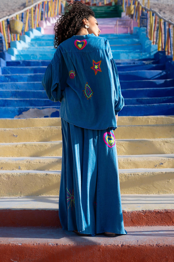 Pantalon Large Brodé Sojy - Taille unique 36-42 / Bleu