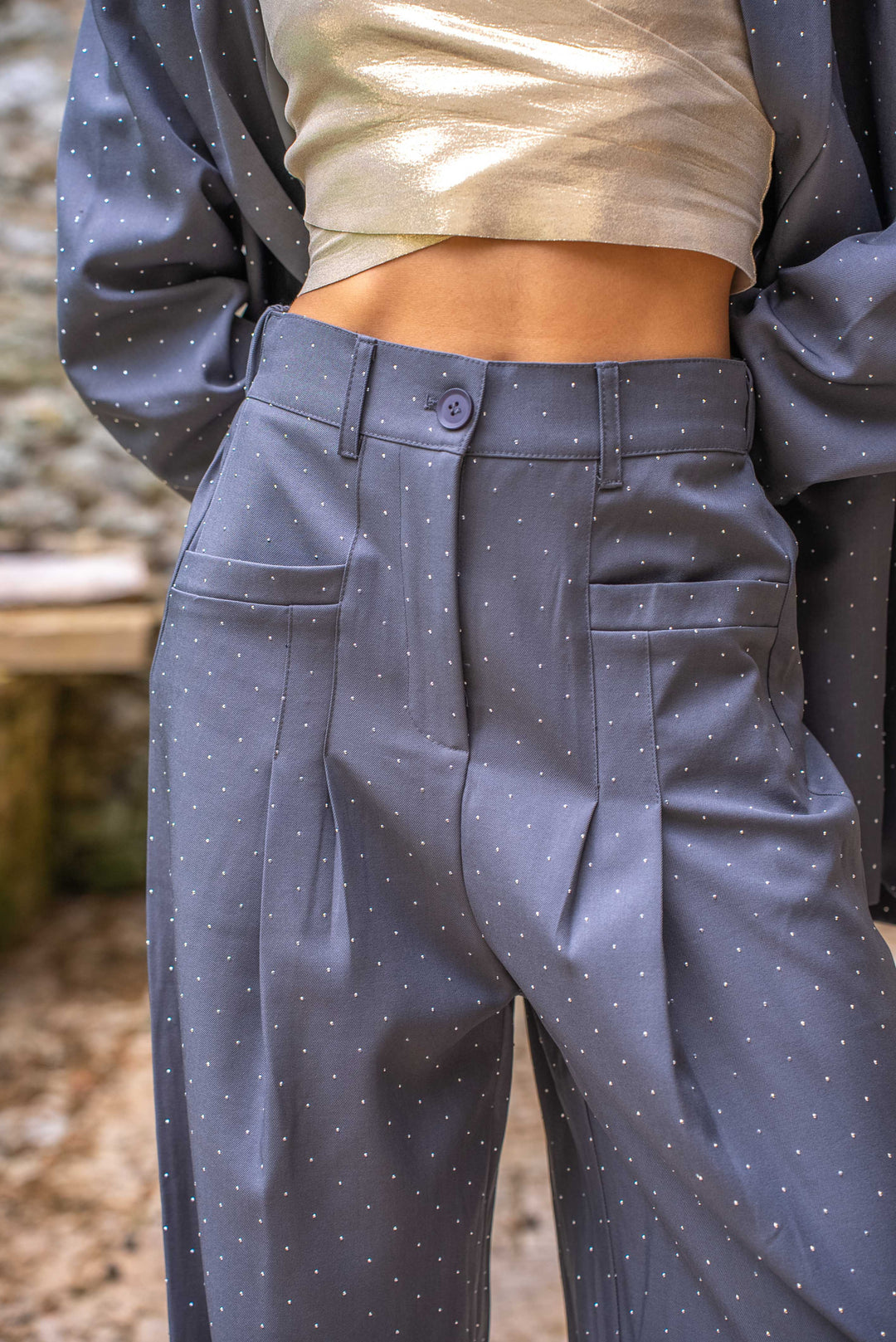 Pantalon taille haute fluide à strass Dalia - Pantalons