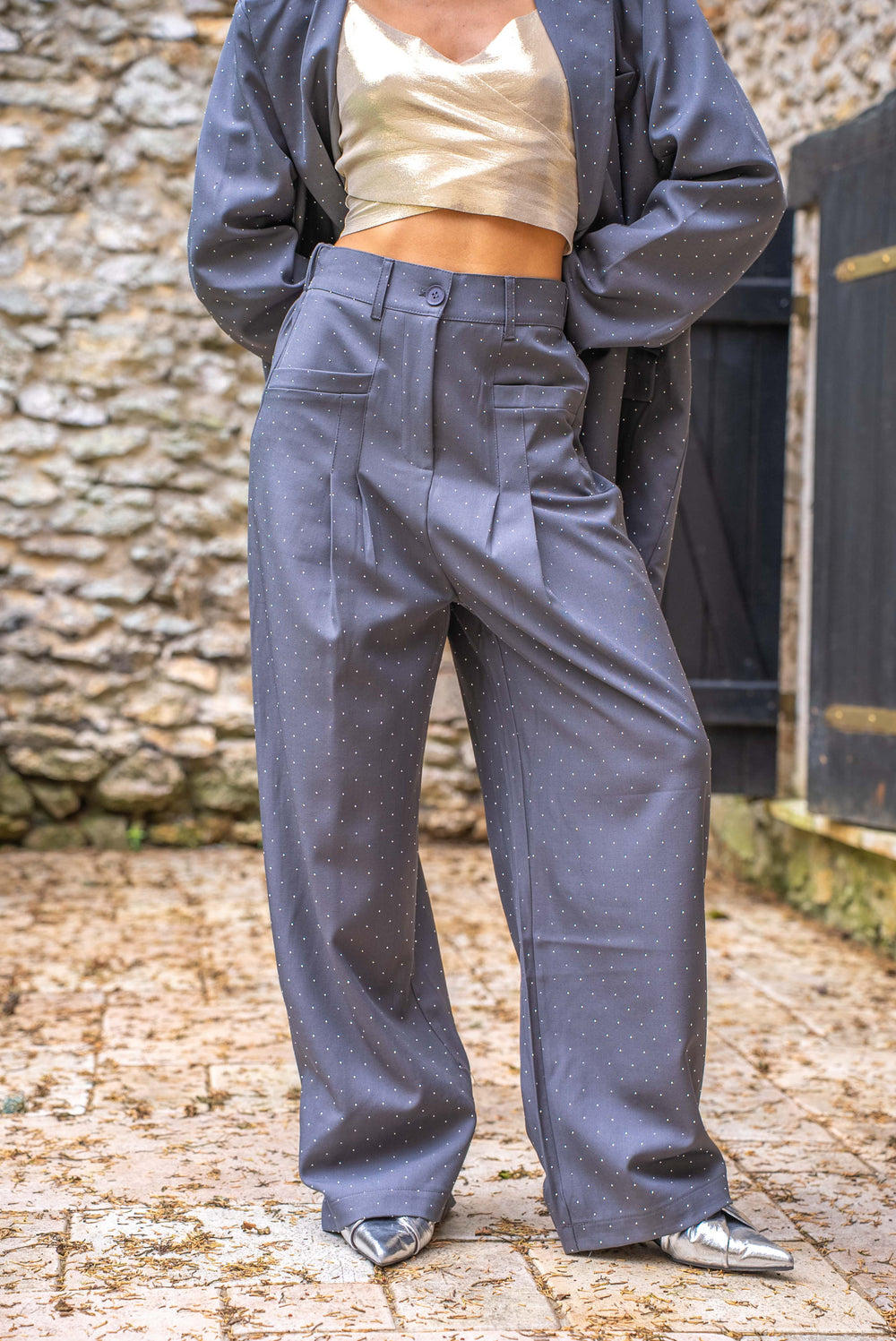 Pantalon taille haute fluide à strass Dalia - Pantalons