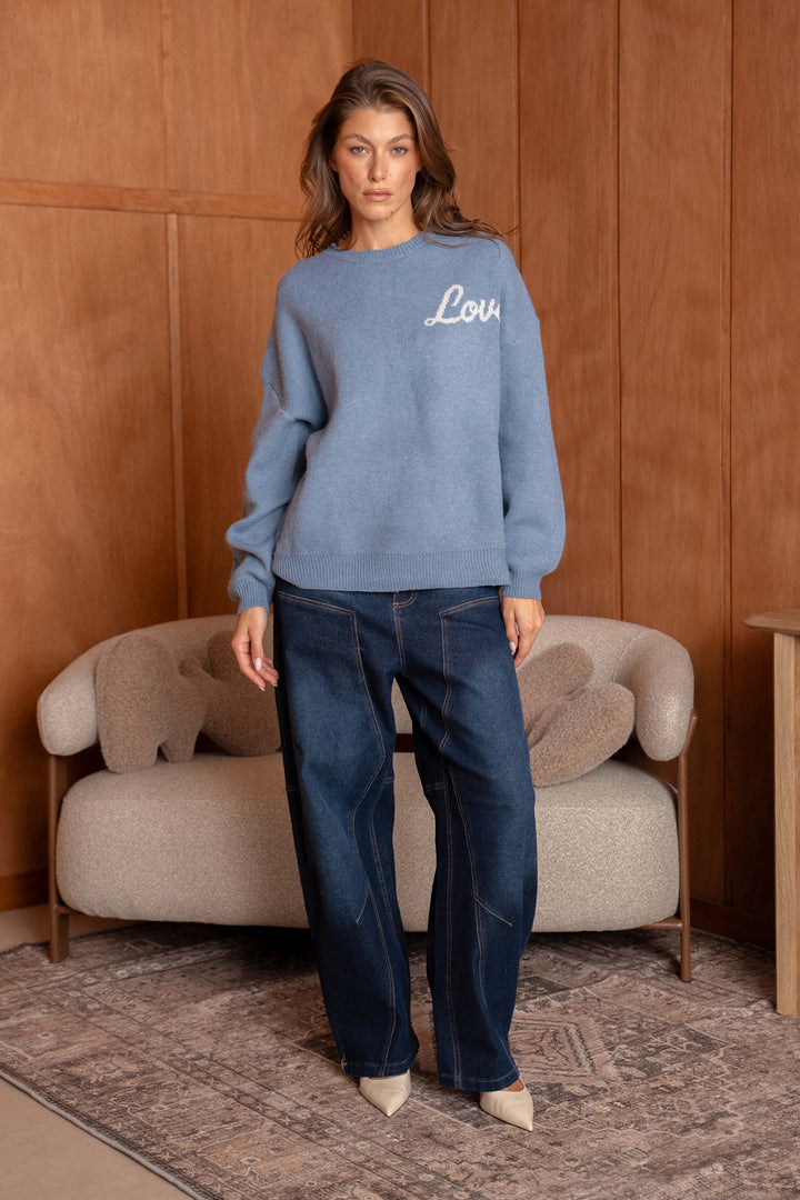 Pull Brodé Cœur Inscrit Love Sarah 2644 - Denim Blue