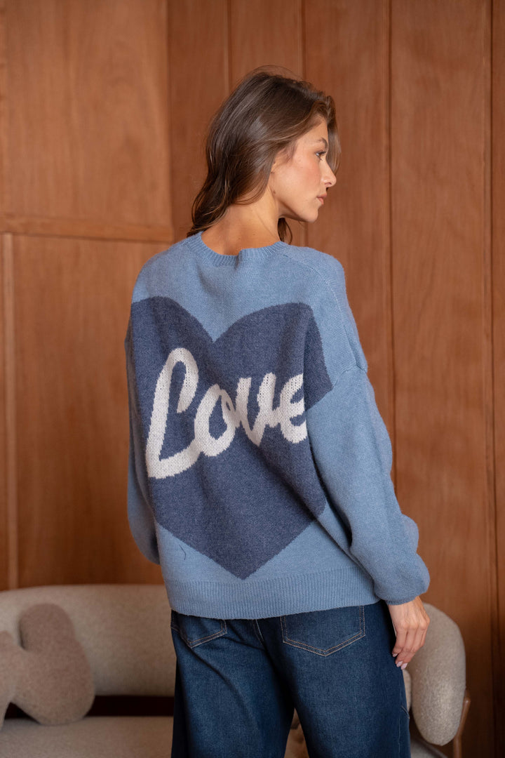 Pull Brodé Cœur Inscrit Love Sarah 2644 - Denim Blue