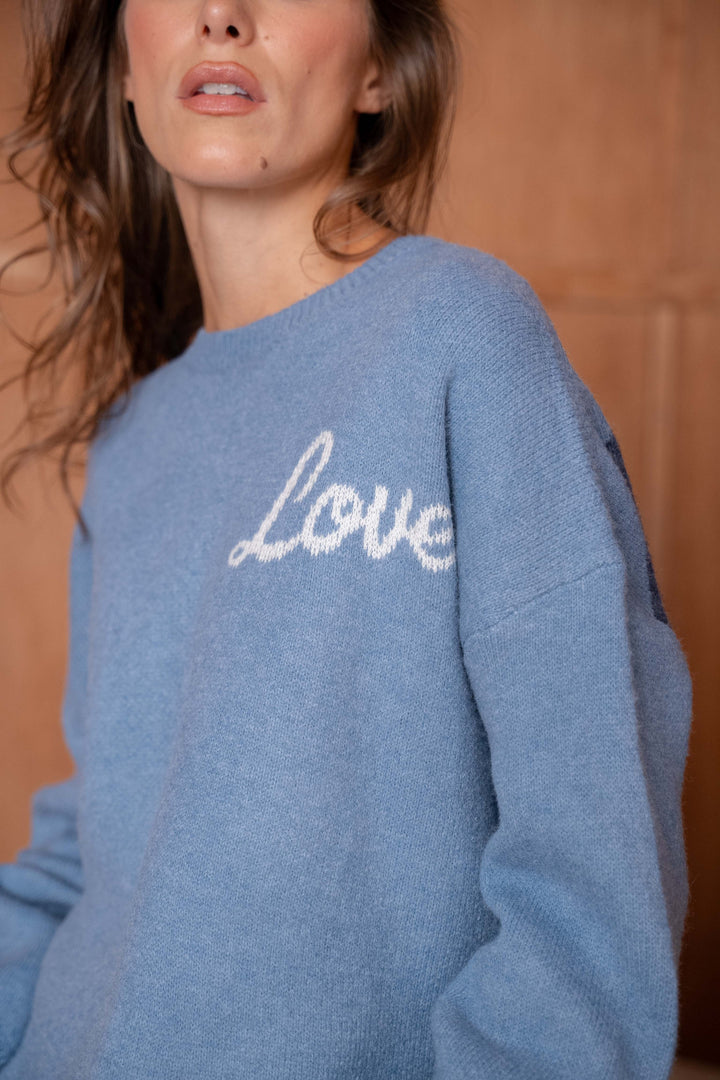Pull Brodé Cœur Inscrit Love Sarah 2644 - Denim Blue
