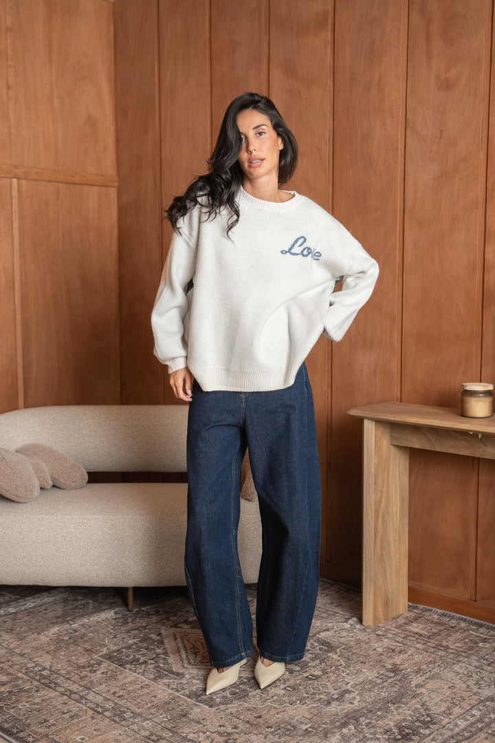 Pull Brodé Cœur Inscrit Love Sarah 2644 - Ecru / Taille