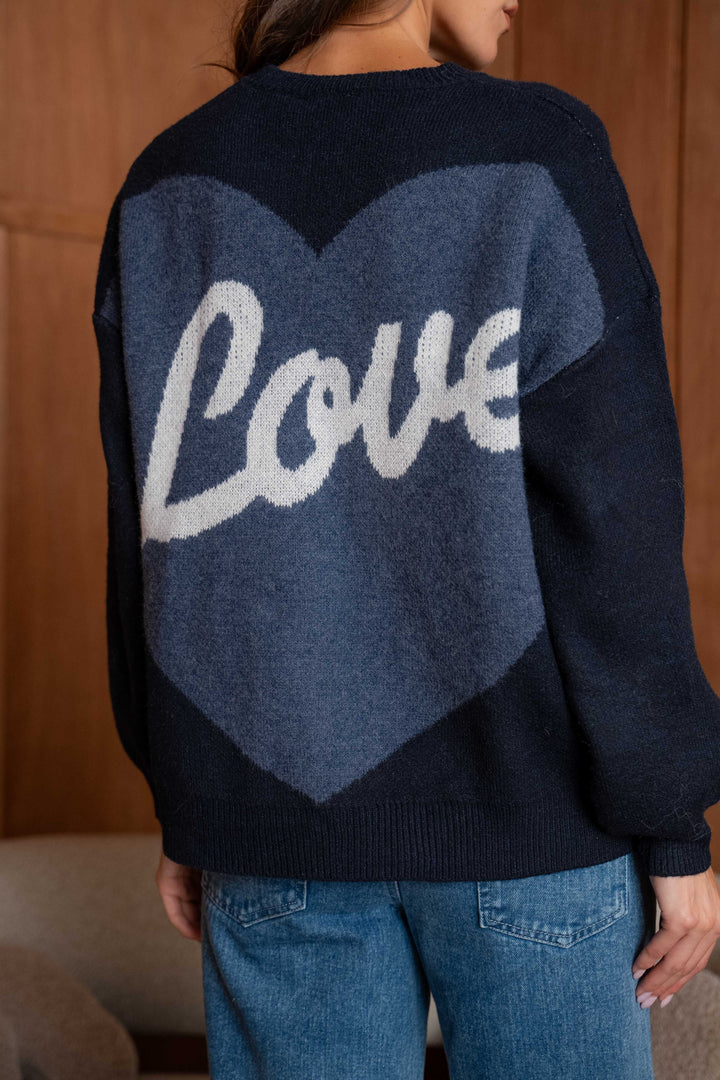 Pull Brodé Cœur Inscrit Love Sarah 2644 - Marine / Taille