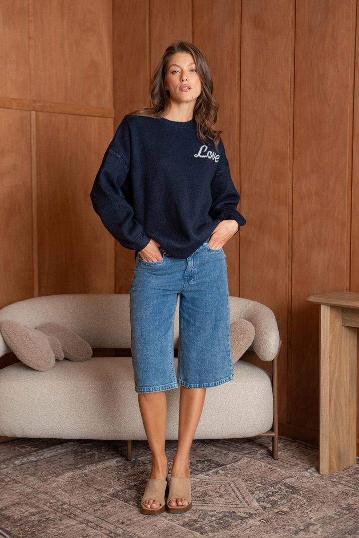 Pull Brodé Cœur Inscrit Love Sarah 2644 - Marine / Taille