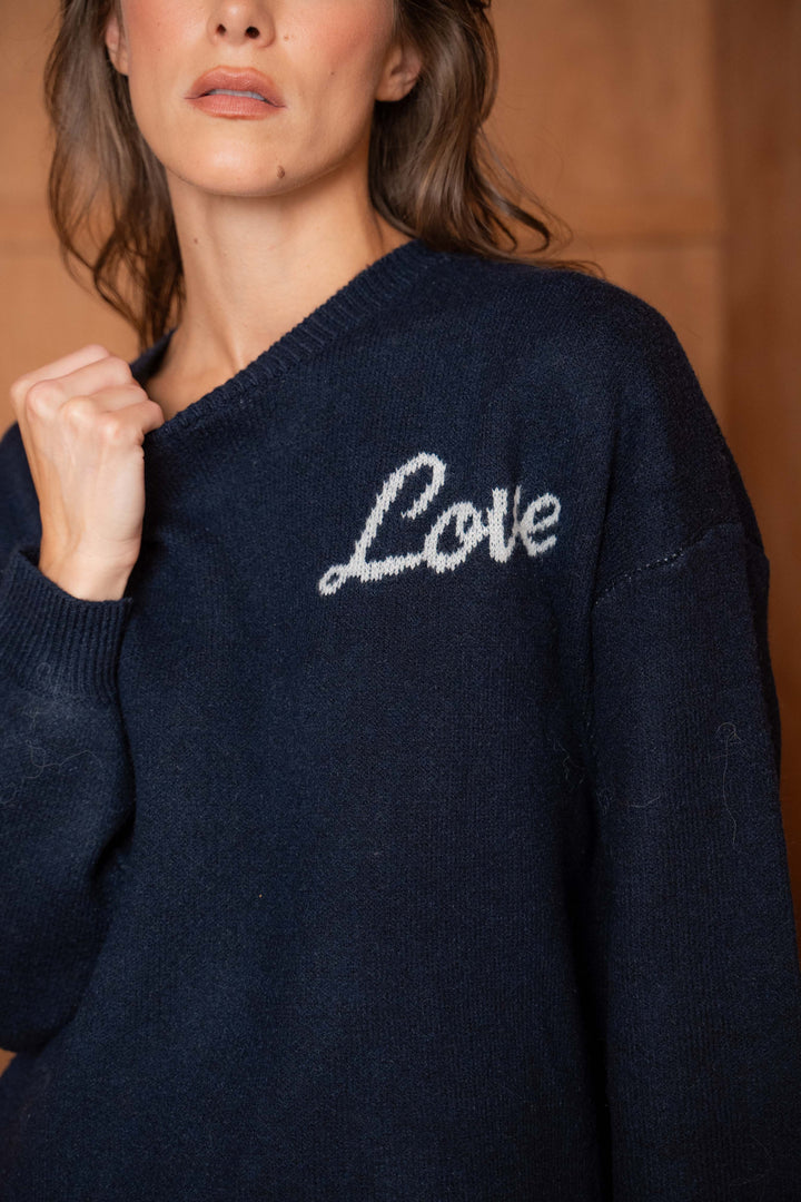 Pull Brodé Cœur Inscrit Love Sarah 2644 - Marine / Taille