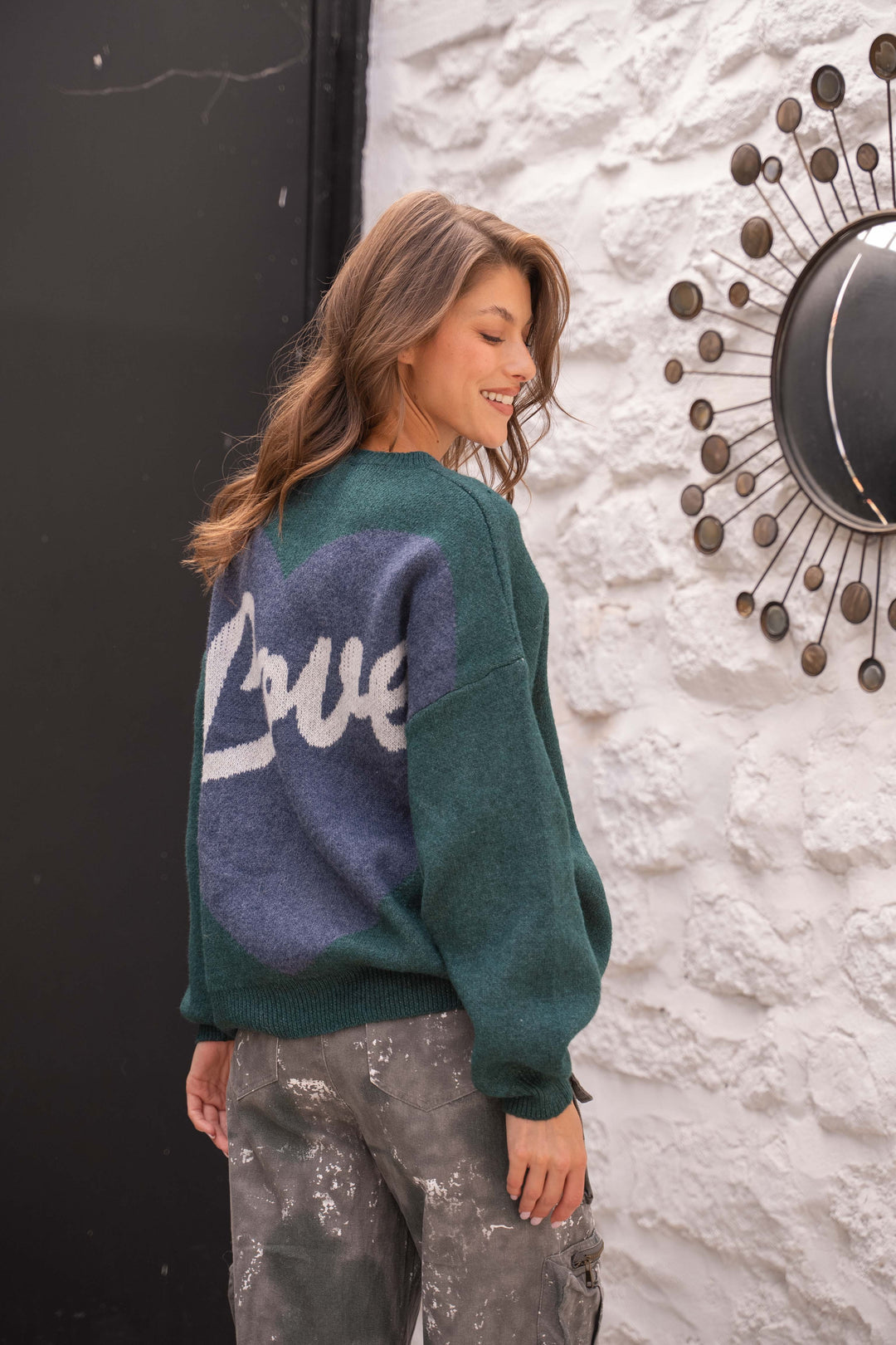 Pull Brodé Cœur Inscrit Love Sarah 2644 - Vert bouteille