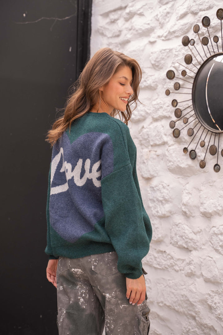 Pull Brodé Cœur Inscrit Love Sarah 2644 - Vert bouteille