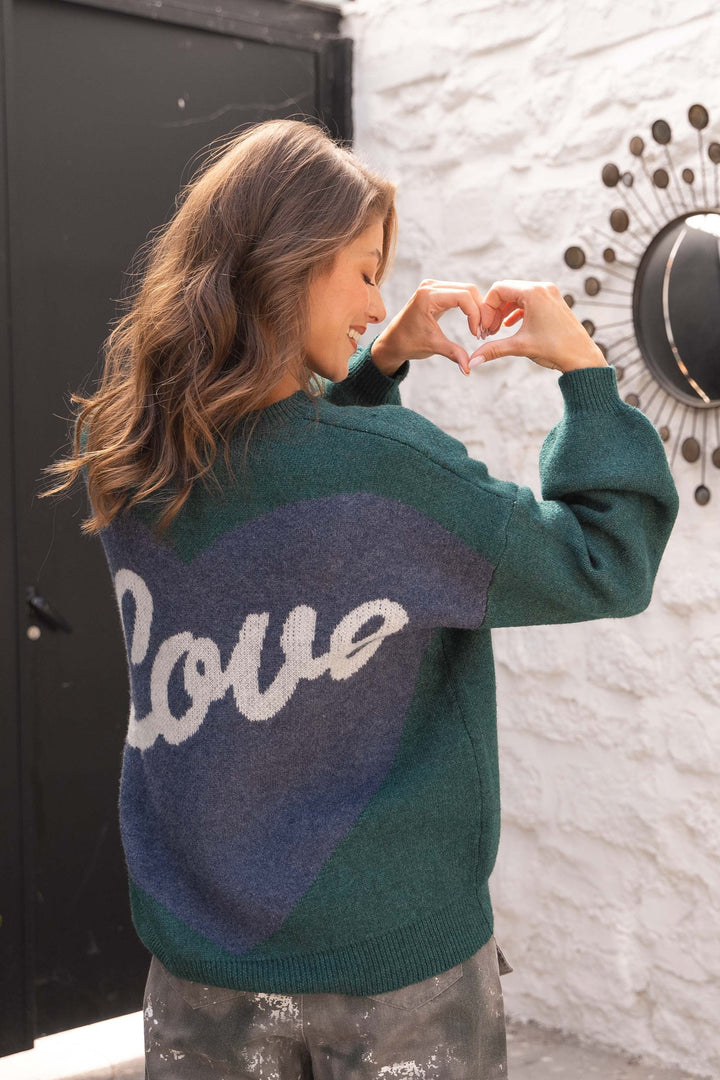 Pull Brodé Cœur Inscrit Love Sarah 2644 - Vert bouteille