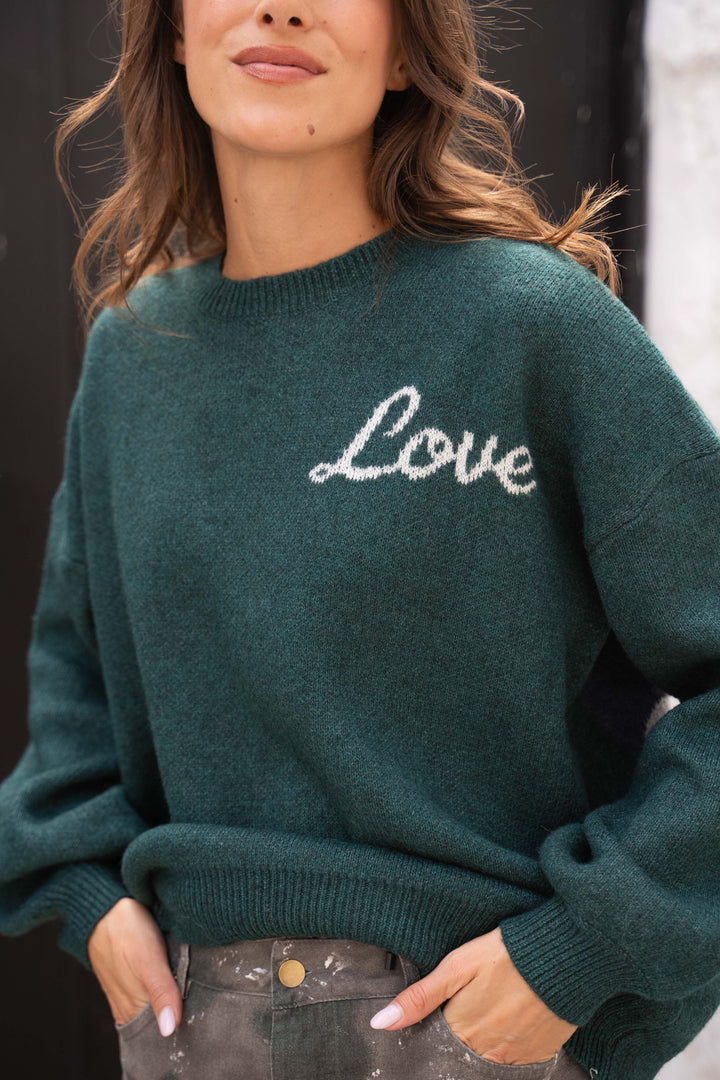 Pull Brodé Cœur Inscrit Love Sarah 2644 - Vert bouteille
