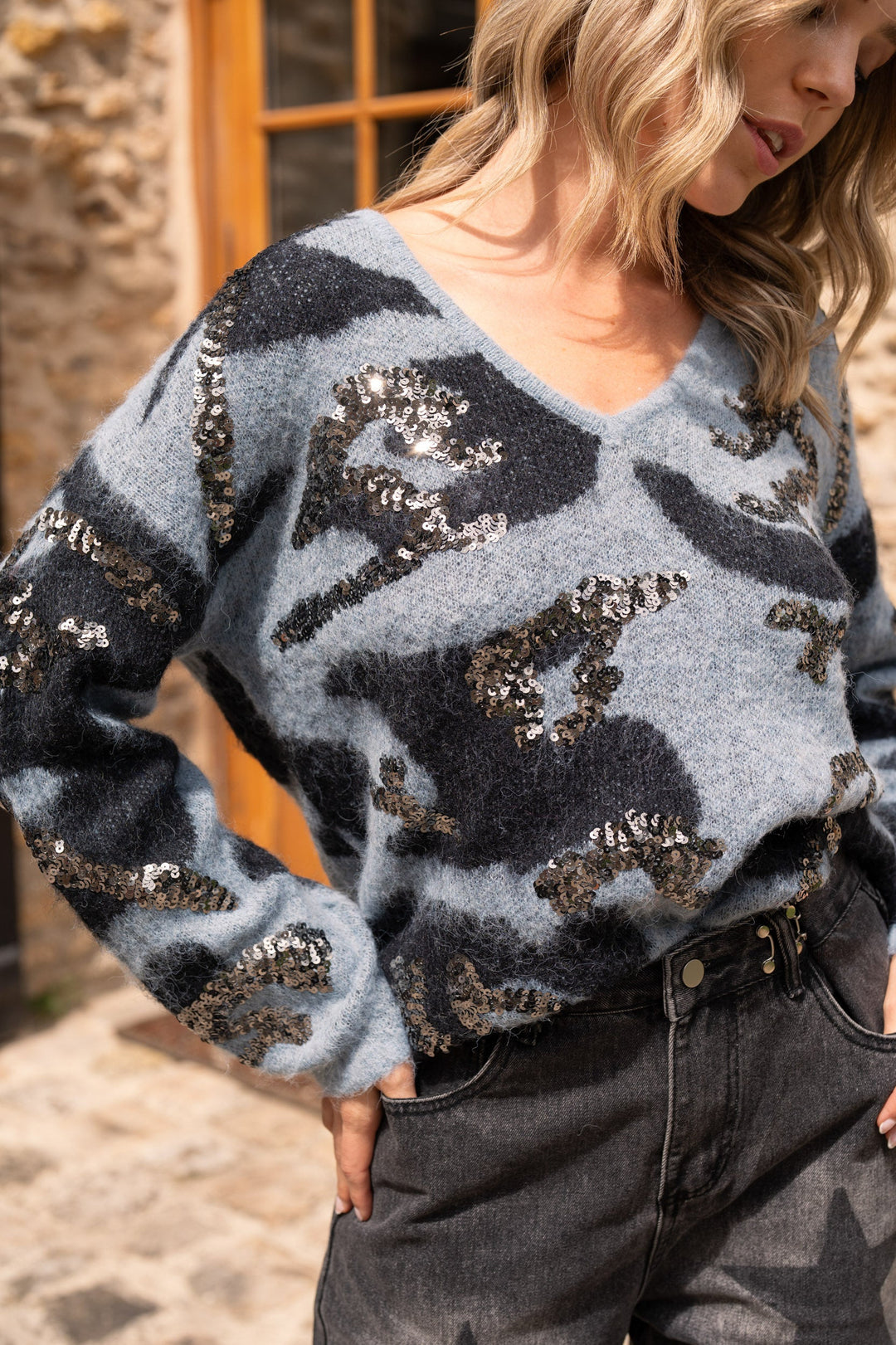 Pull camouflage à sequins Pamina Taille unique / Bleu pulls