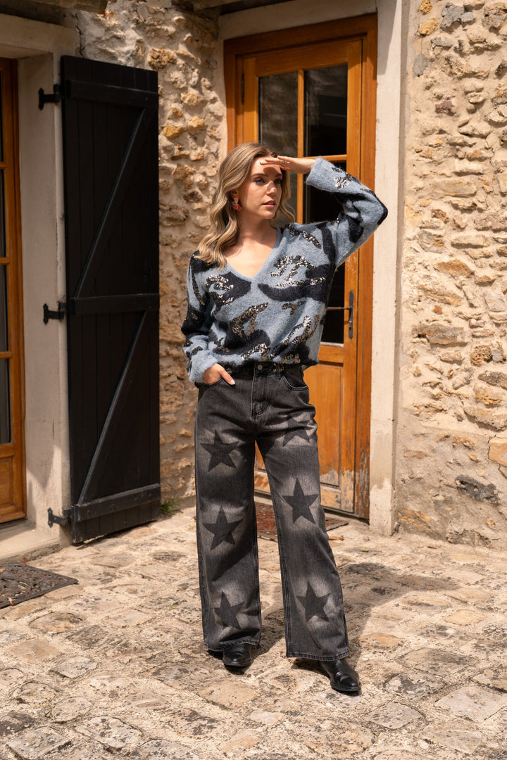 Pull camouflage à sequins Pamina Taille unique / Bleu pulls