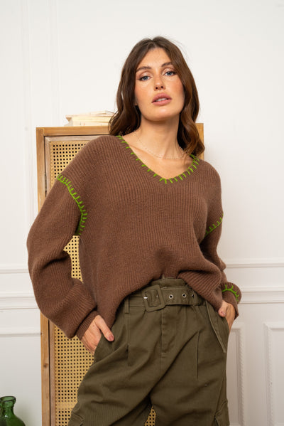 Pull Col en V Neola - Choco / Taille Unique - pull