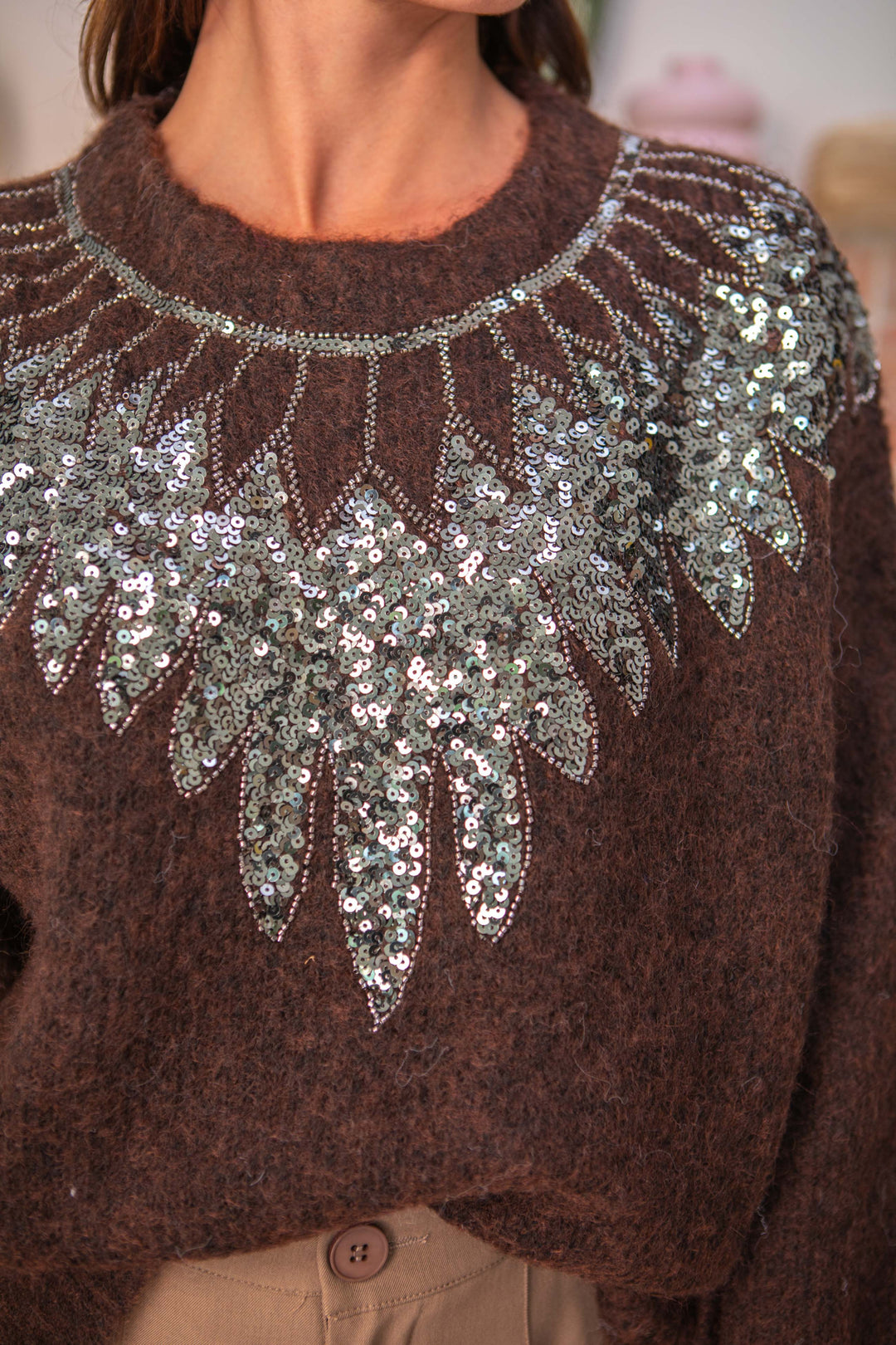 Pull col rond à sequins Princia Taille unique / Coffee pulls