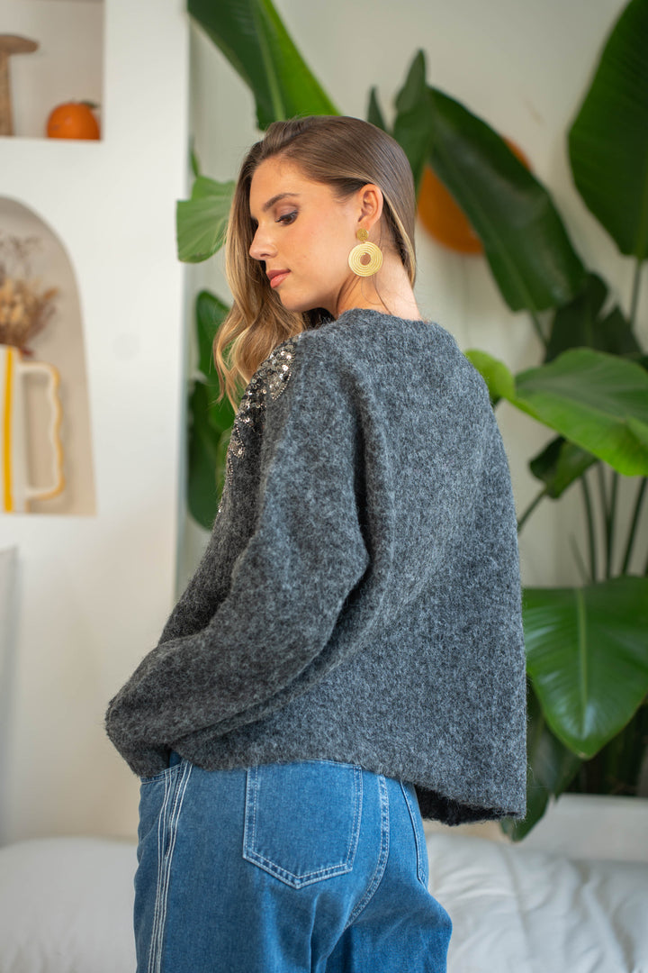 Pull col rond à sequins Princia Taille unique / Gris foncé