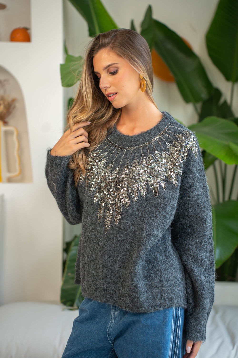 Pull col rond à sequins Princia Taille unique / Gris foncé