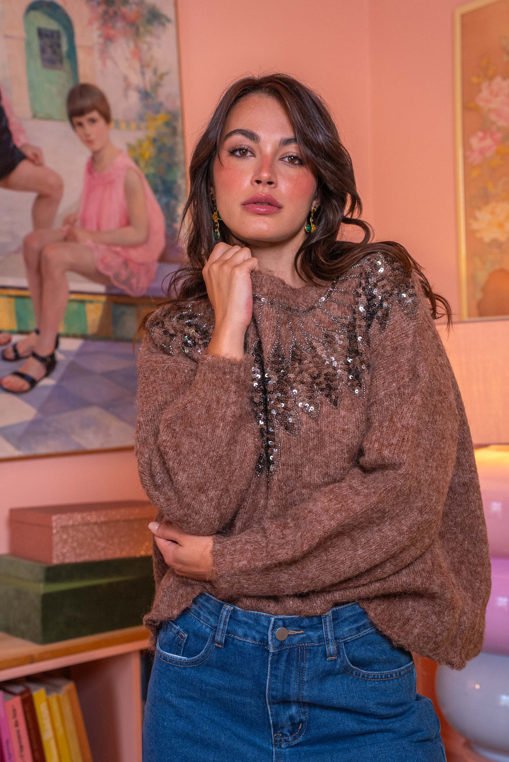 Pull col rond à sequins Princia Taille unique / Taupe pulls