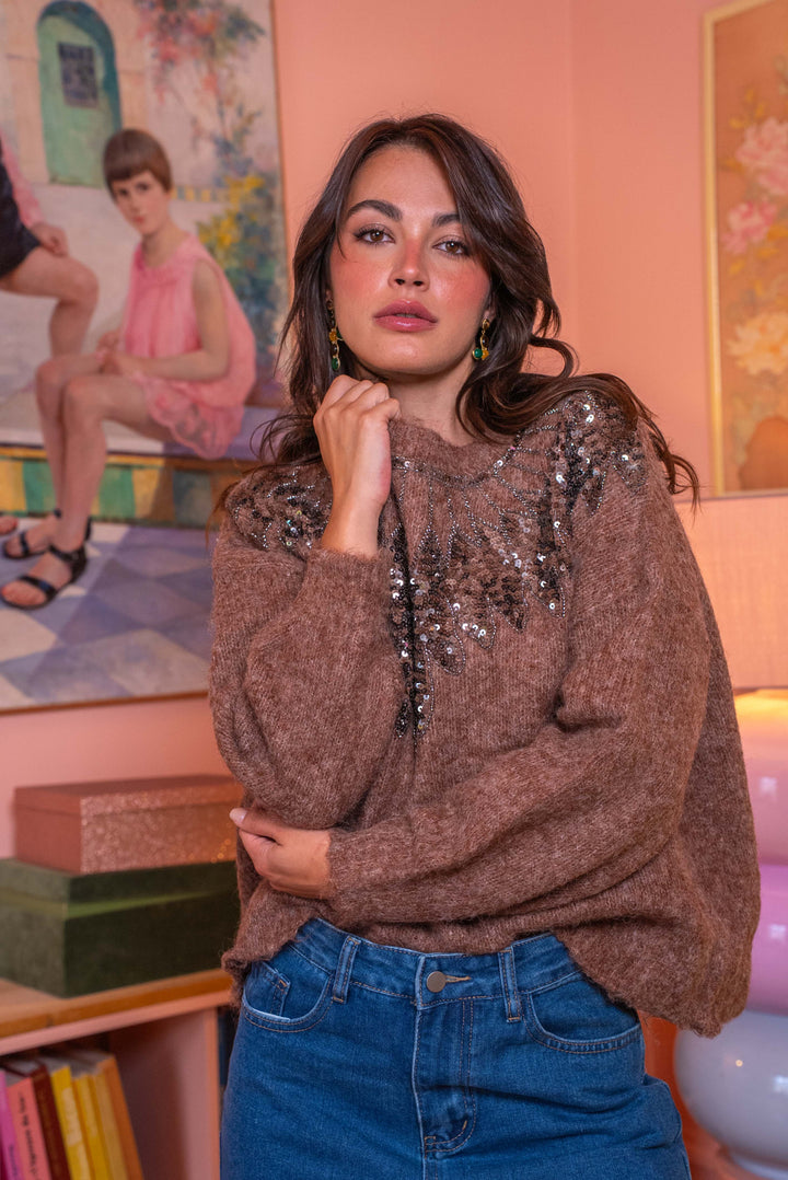Pull col rond à sequins Princia Taille unique / Taupe pulls