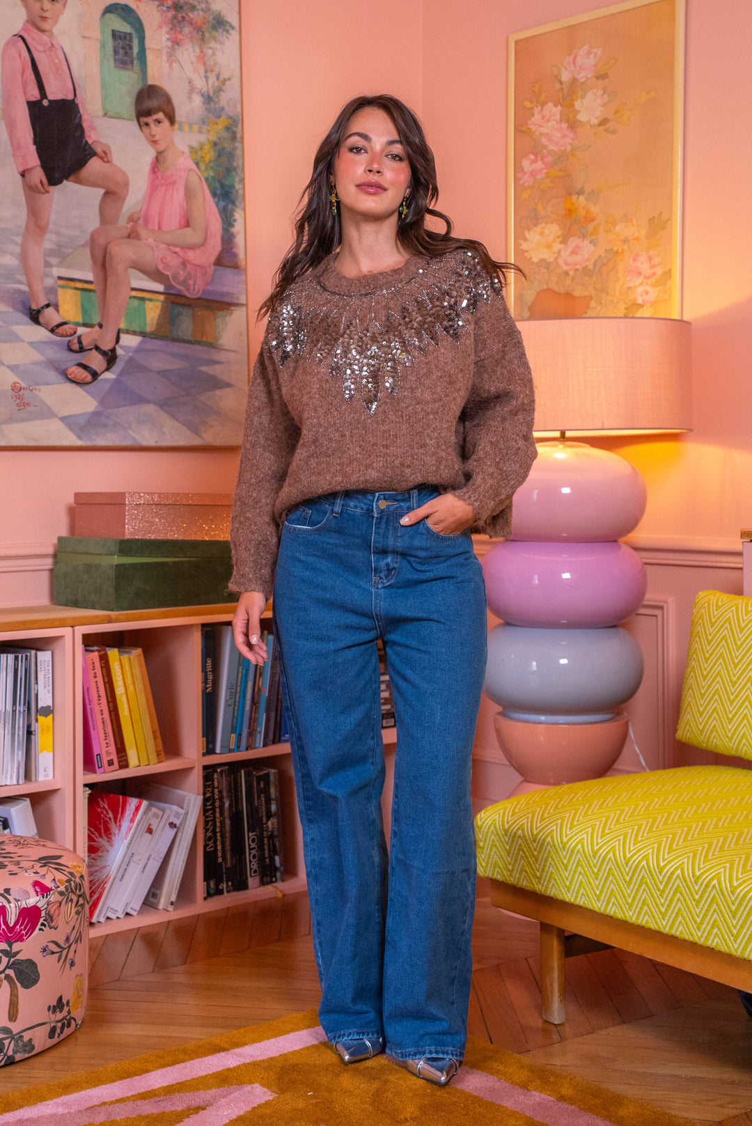 Pull col rond à sequins Princia Taille unique / Taupe pulls