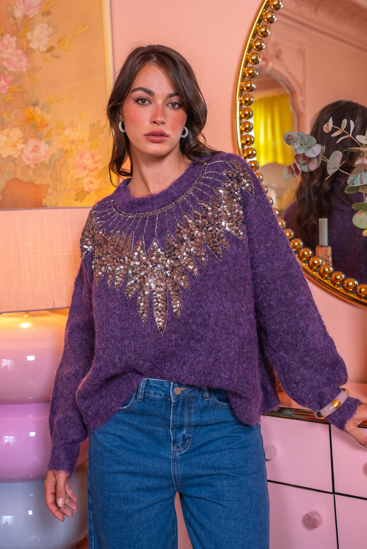 Pull col rond à sequins Princia Taille unique / Violet pulls