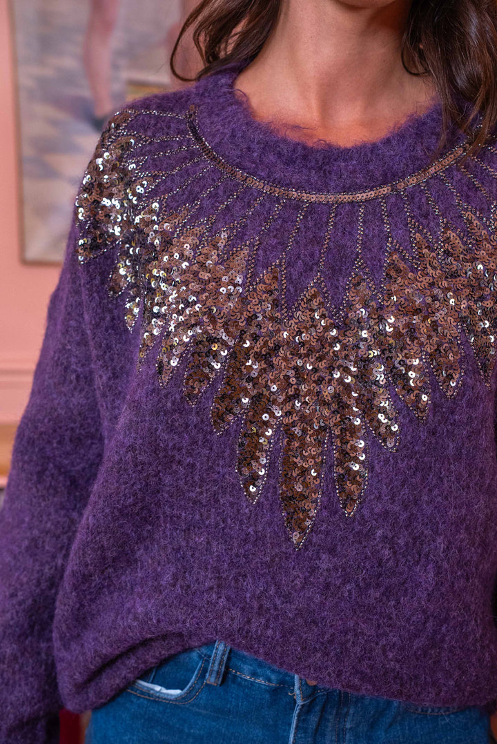 Pull col rond à sequins Princia Taille unique / Violet pulls