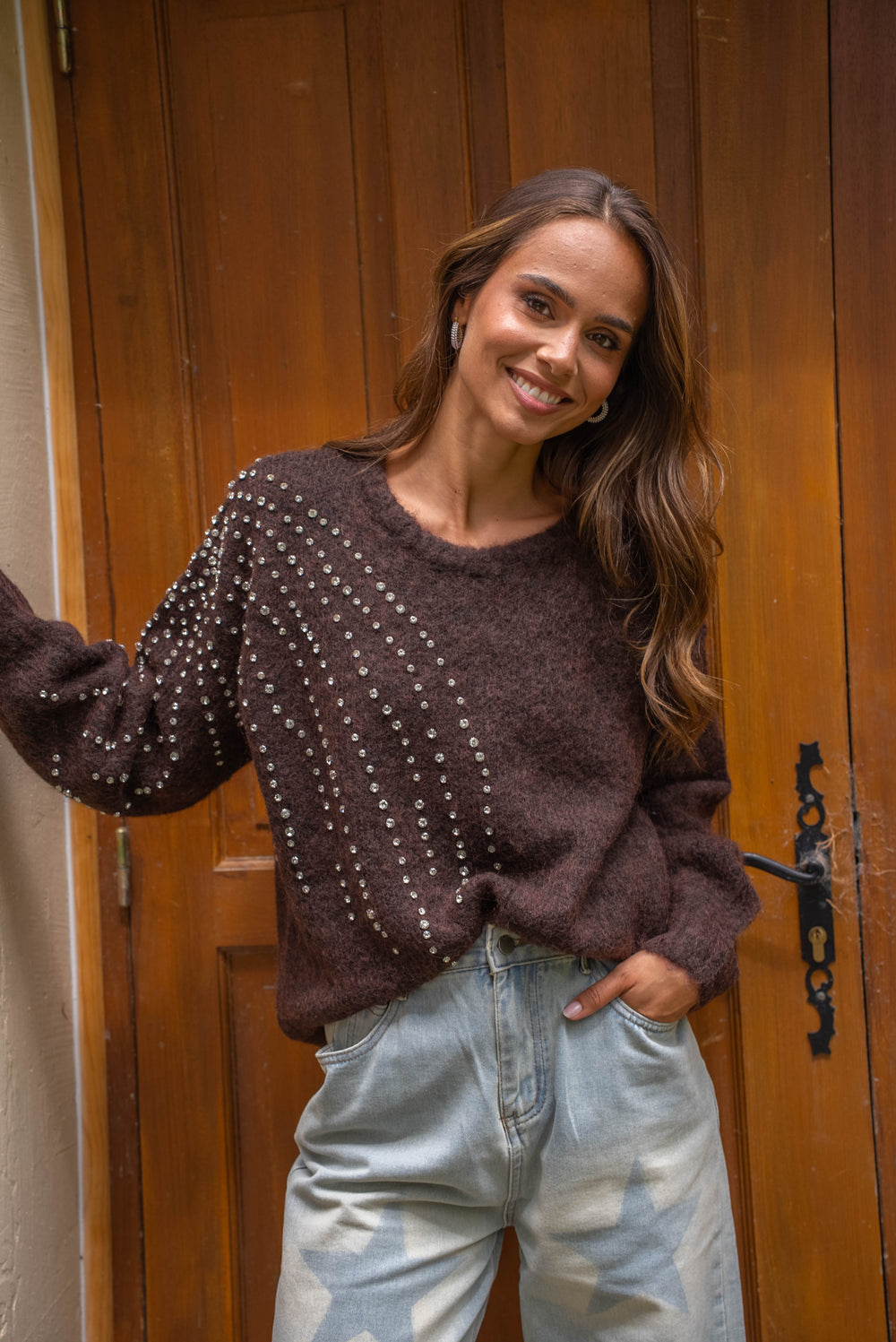 Pull col rond avec strass Liv Taille unique / Choco pulls