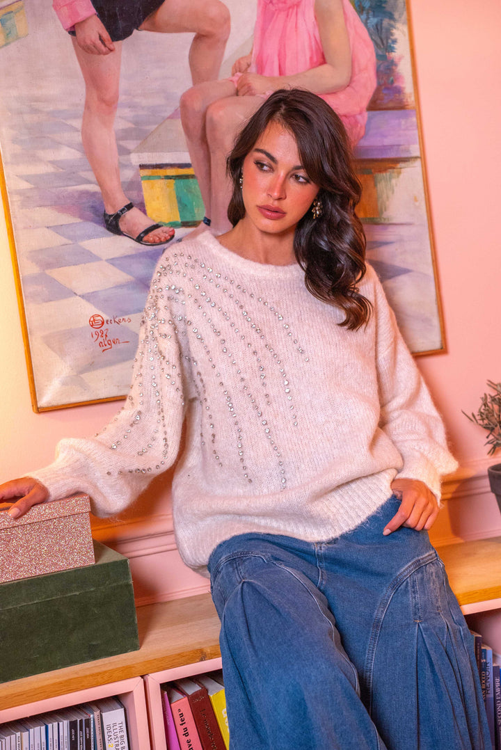 Pull col rond avec strass Liv Taille unique / Ecru pulls