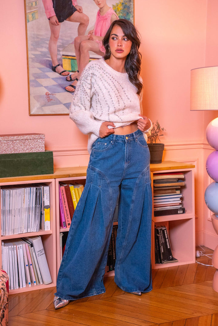 Pull col rond avec strass Liv Taille unique / Ecru pulls