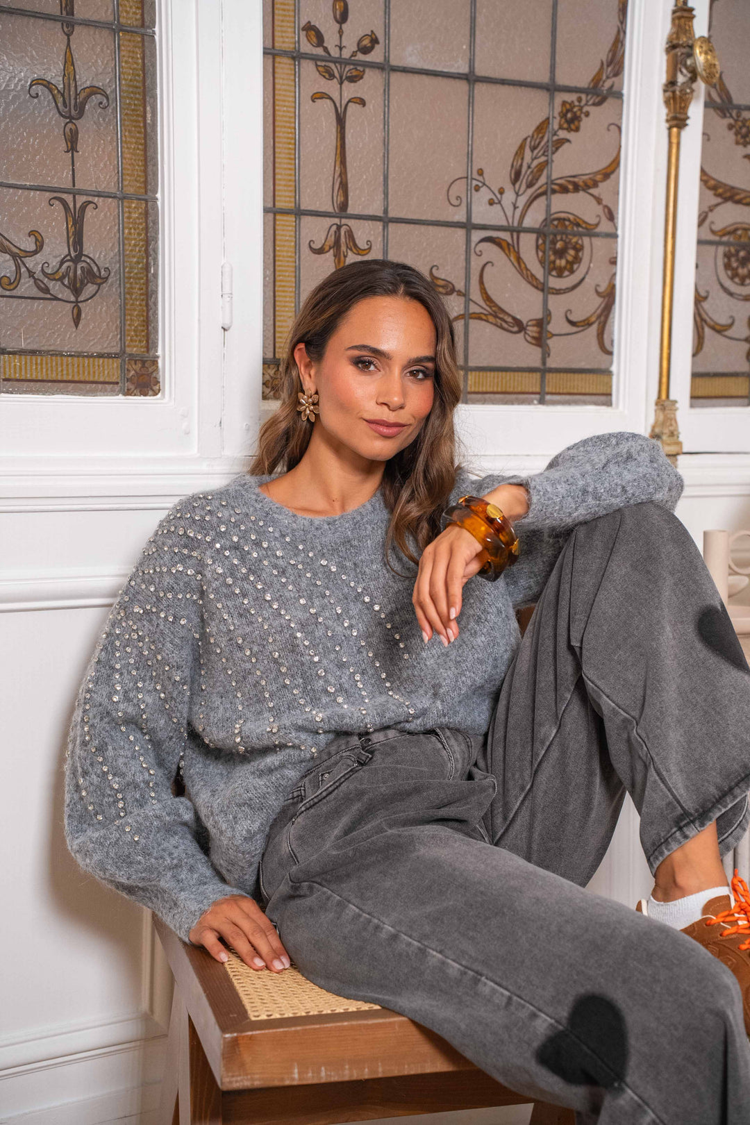 Pull col rond avec strass Liv Taille unique / Gris pulls