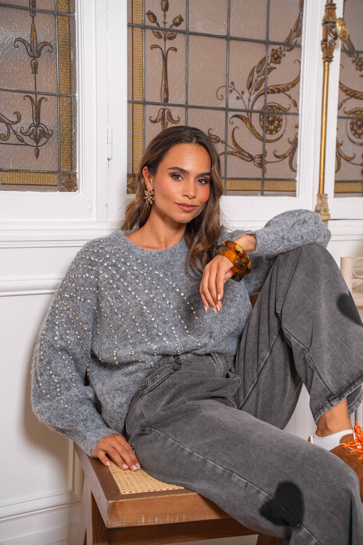 Pull col rond avec strass Liv Taille unique / Gris pulls