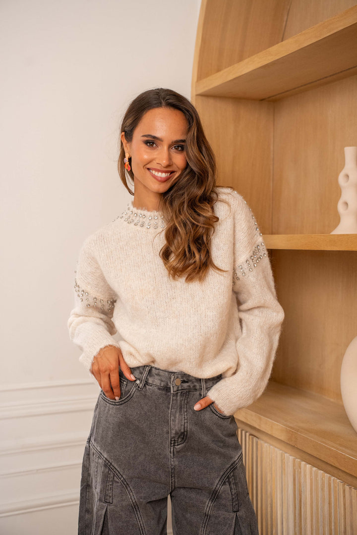 Pull col rond en maille perlé Pepita Taille unique / Beige