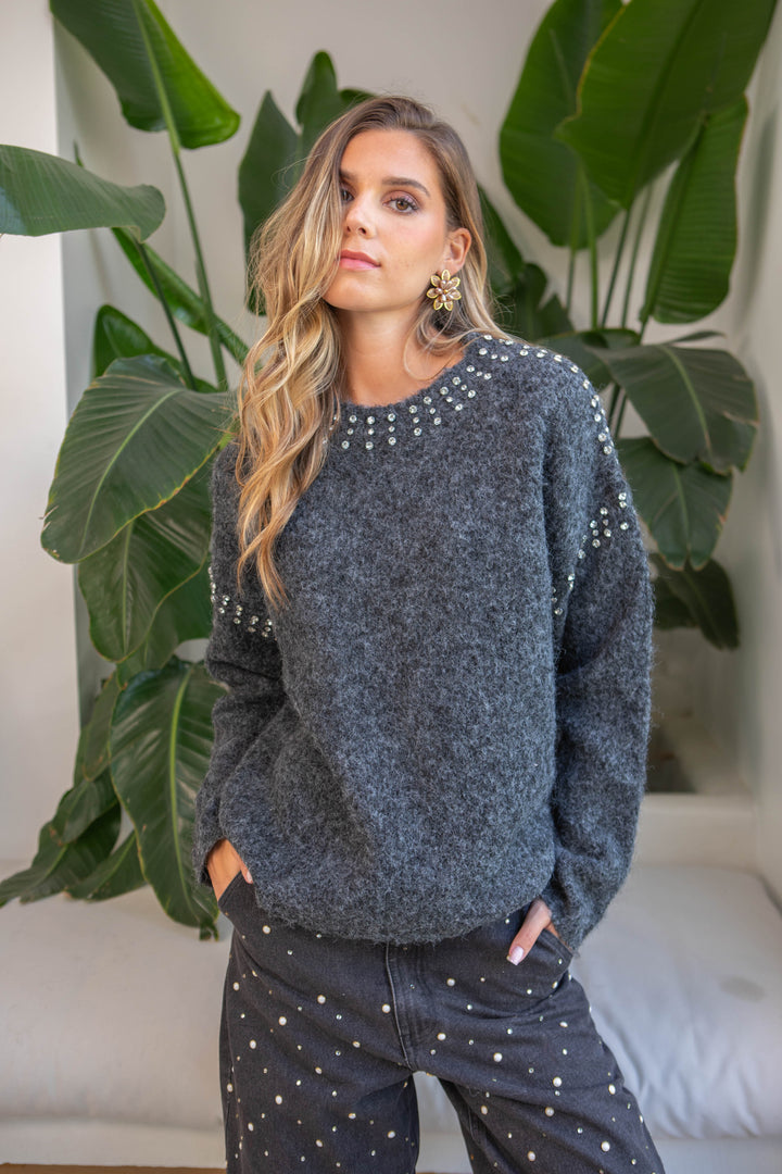 Pull col rond en maille perlé Pepita Taille unique / Gris